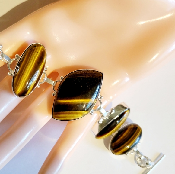 Natural Genuine Tiger's Eye 925 Silver Linked Bracelet - Picture 4 of 14